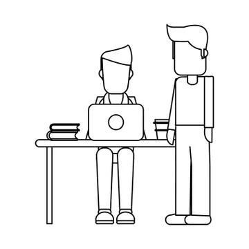 Working with computer avatar black and white Illustrazione stock