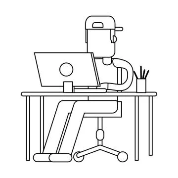 Working with computer avatar black and white Illustrazione stock