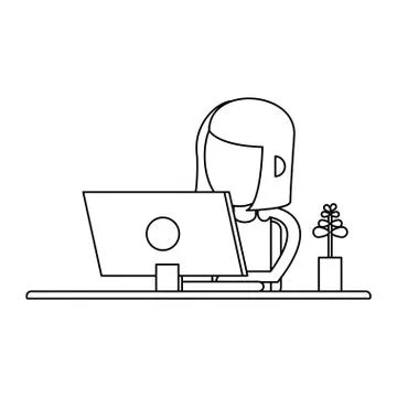 Working with computer avatar black and white Stock Illustration