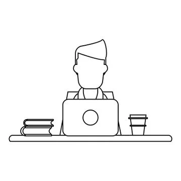 Working with computer avatar black and white イラスト素材