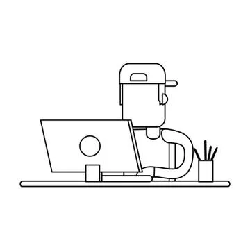 Working with computer avatar black and white Illustrazione stock