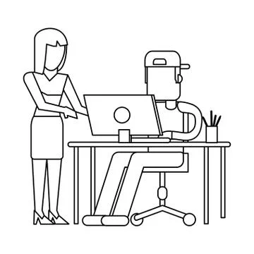 Working with computer avatar black and white Illustrazione stock