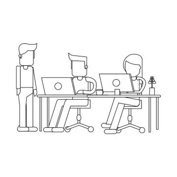 Working with computer avatar black and white Stock Illustration