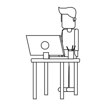 Working with computer avatar black and white Illustrazione stock