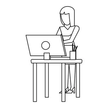Working with computer avatar black and white イラスト素材