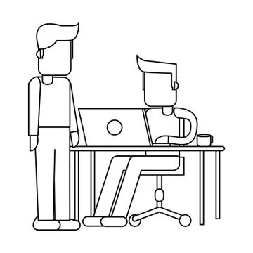 Working with computer avatar black and white Illustrazione stock