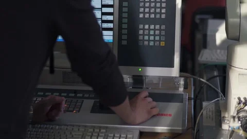  	Working Computer From Back Technology Operator Pressing Buttons Keyboard Vídeo Stock 127614829