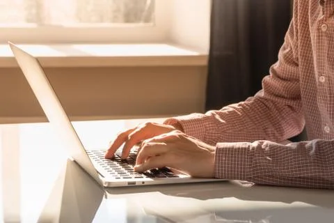 Working at computer in bright sunny office.  Stock Photos