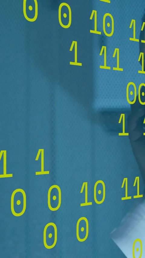 Working with computer cables, person surrounded by binary code animation in Stock Footage 319810885