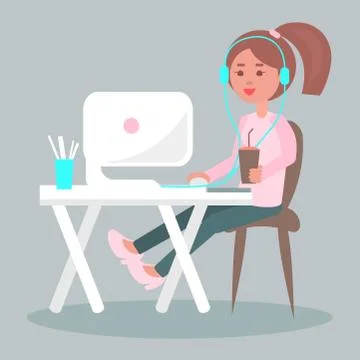 Working on Computer with Coffee Flat Vector Illustrazione stock