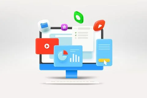 Working with computer concept. 3d Vector illustration Stock-Illustration