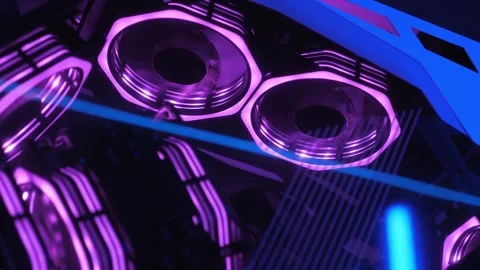 Working of computer cooling fan, the blue light. Gaming pc glowing in the dark. Stock Footage 331696550