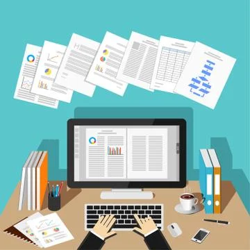 Working on computer at desk Stock Illustration