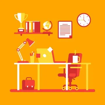 Working computer desk with various objects and laptop Illustrazione stock
