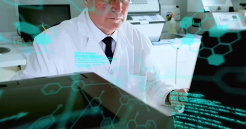 Working on computer with molecular structure animation, scientist in lab coat Stock Footage 327783676