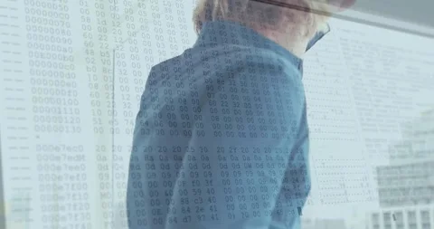 Working on computer, person with binary code animation overlay in office Stock Footage 326301459