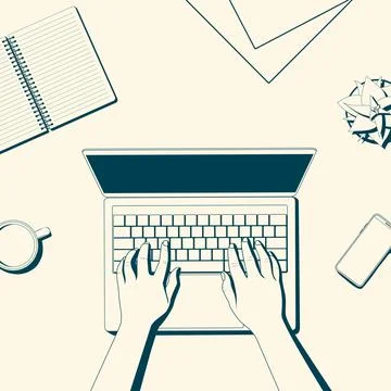 Working at the computer top view. Office workplace. Vector illustration Stock Illustration