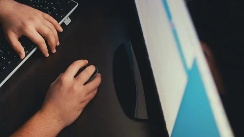 Working on the Computer. Top view pc monitor. Web surfing. Social Network Video stock 72066361