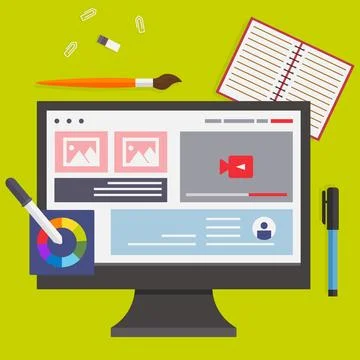 Working on computer, web design and color selection, programming, business .. Illustrazione stock