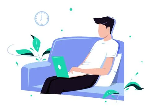 Working on a computer. Young man is sitting with laptop on the sofa at home.  Stock Illustration