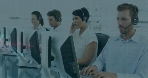 Working on computers, customer service team with stock market data animation Stock Footage 304015034