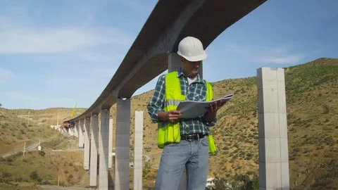 Working, Construction Site, Construction, Engineer, Bridge, Outdoors, Day, Wide Stock Footage 95817417