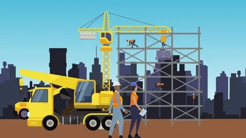 Working construction team at edge of the city cartoon animation Stock Footage 284708701