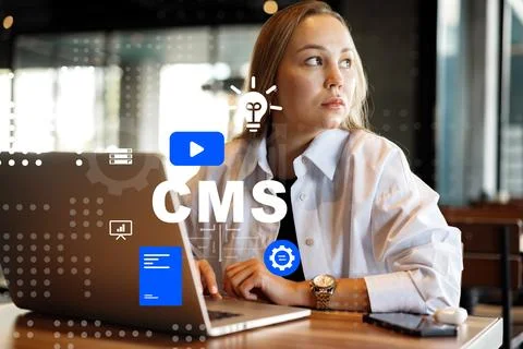 Working on a content management system in a modern office environment 写真素材