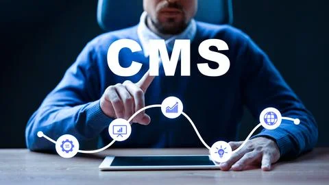 Working with a content management system in a modern office setting Stock Photos