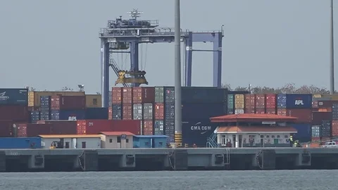 A working crane bridge in a shipyard Stock Footage 98532556