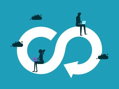 Working cycle and support. Work development concept. Two businessmen working  Illustrazione stock