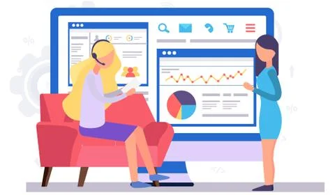 Working with data and business statistics. Girl is reading the text. People Stock Illustration