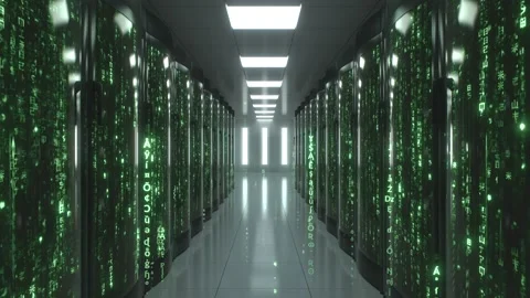 Working data center full of rack servers with Matrix style code Stock Footage 168761546