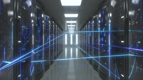 Working data center full of rack servers with futuristic network connections Stock Footage 168976343