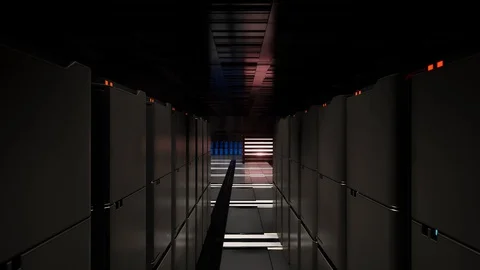 Working data center with servers in rows. Blinking red and blue led lights Stock Footage 128824893