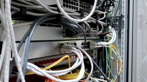 Working Data Servers With Cables And Flashing LED Lights. Swich RG-45. Video stock 97143100