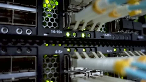 Working data servers with flashing LED lights. Optical server close up 動画素材 87716071