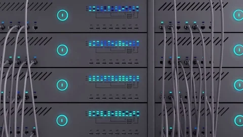 Working data servers. LED lights are flashing. Frontal camera moves to the right Stock Footage 70634051