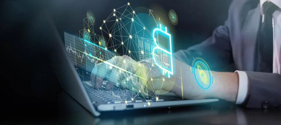 Working with a dataset on bitcoin using a laptop Stock Illustration