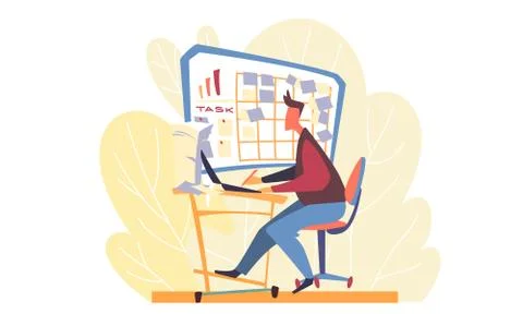 Working day of a man at a computer with yellow leaves on the background Illustrazione stock