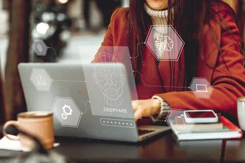 Working on deep fake technology while sitting at a cafe during the day Stock Photos