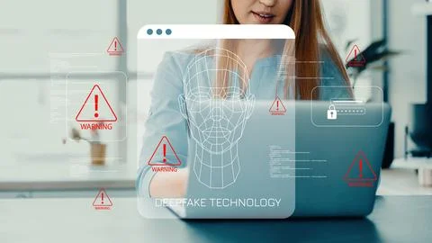 Working with deepfake technology in an office setting while monitoring warnings 写真素材