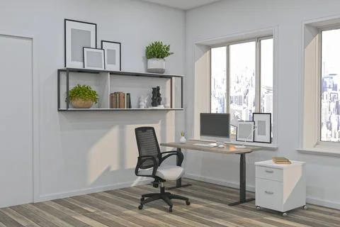 Working desk with a computer screen and different objects by the window in a roo Illustrazione stock