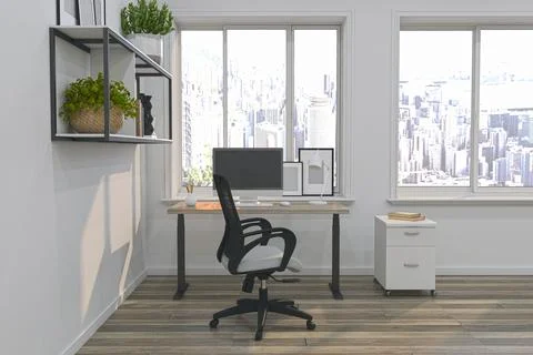Working desk with a computer screen and different objects by the window in a roo Stock Illustration