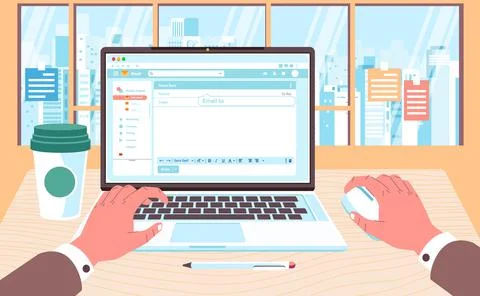 Working desk illustration in front of the window, hand working on laptop and Illustrazione stock