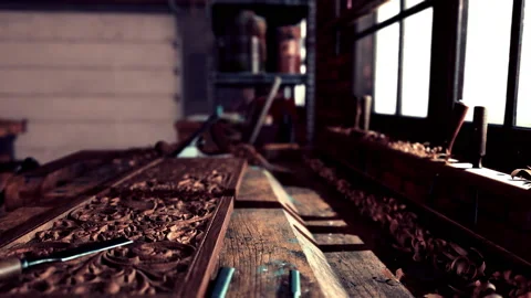 The working desk in wood workshop Video stock 232689297