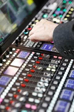 Working with digital audio mixing console Foto stock