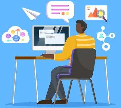 Working with digital data development using computer, person at office desk Stock Illustration