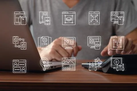 Working on Digital Design Projects with Laptop and Graphic Icons Stock-Fotos