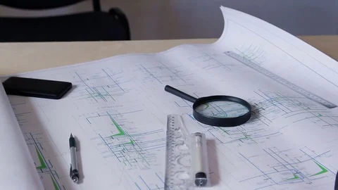 Working disorder on the engineer's desk Vídeo Stock 76691962